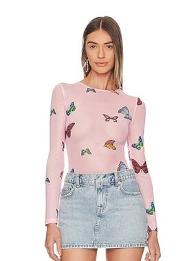 Aria Superdown Pink Butterfly Mesh Top